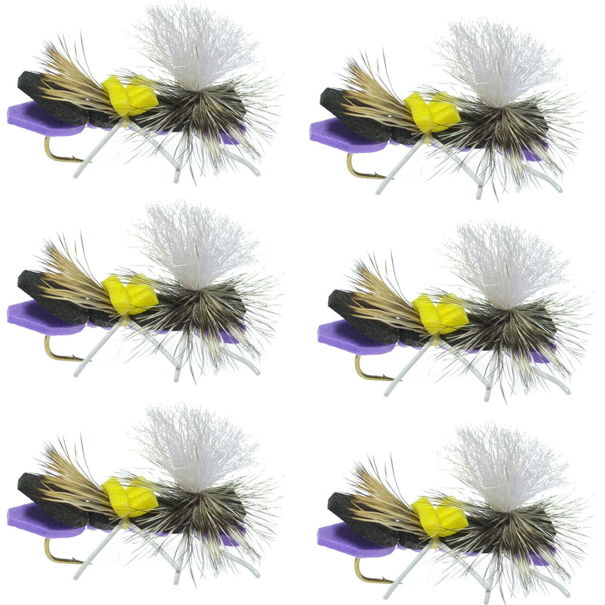 Set of six purple foam Chernobyl Ant dry flies for trout fishing, featuring parachute style hooks and size 10 hooks.