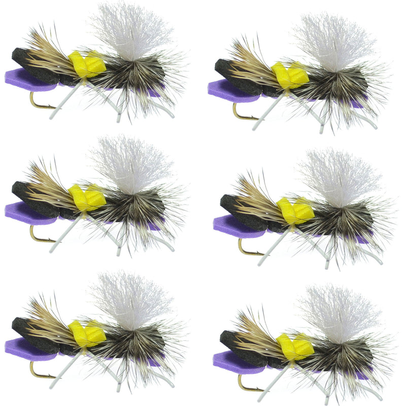 Set of six purple foam Chernobyl Ant dry flies for trout fishing, featuring parachute style hooks and size 10 hooks.