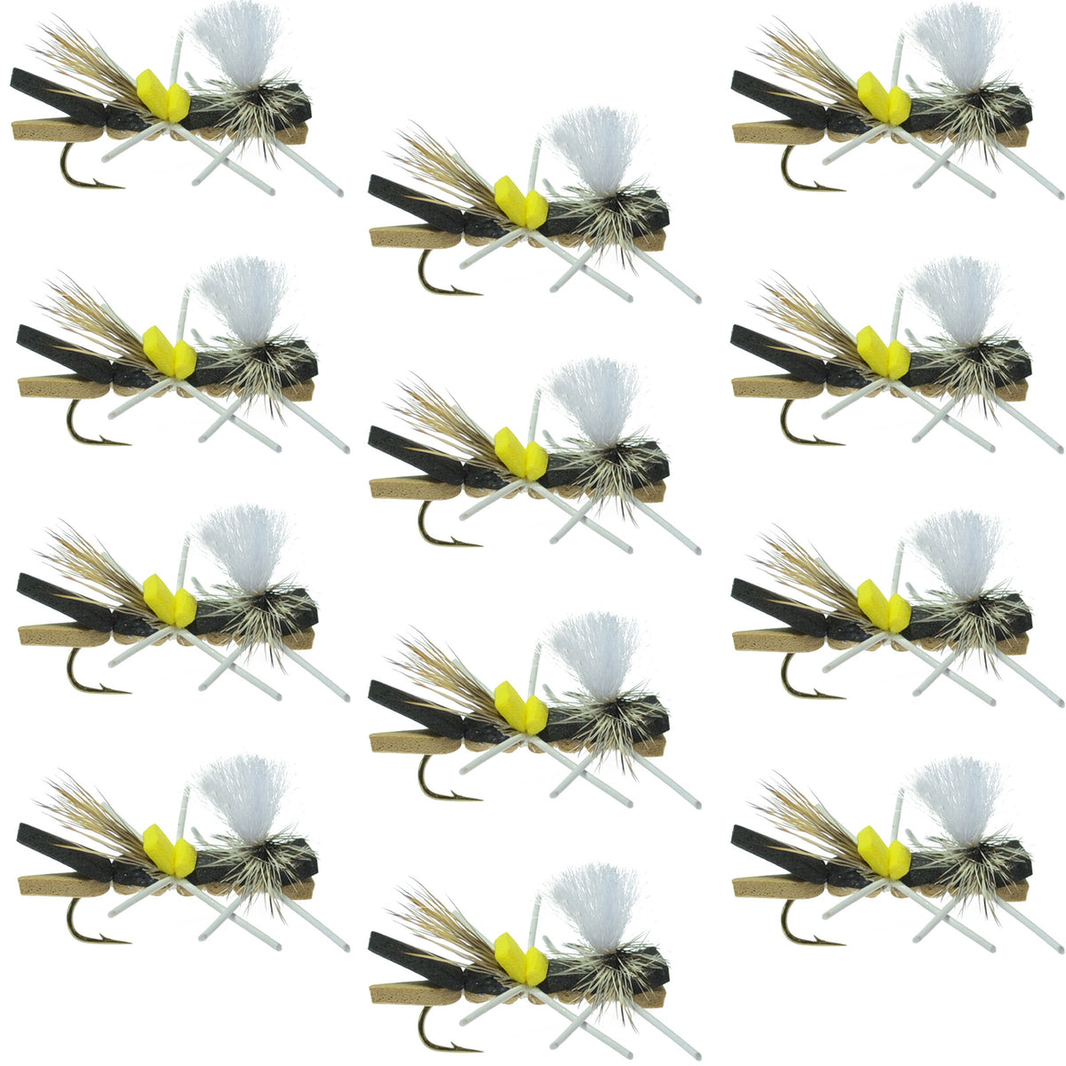 Set of 12 black tan foam Chernobyl Ant dry flies for trout fishing, with size 10 hooks, by The Fly Fishing Place.