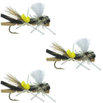 Set of three black tan foam Chernobyl ant and grasshopper dry flies for trout fishing, size 10 hooks, by The Fly Fishing Place.