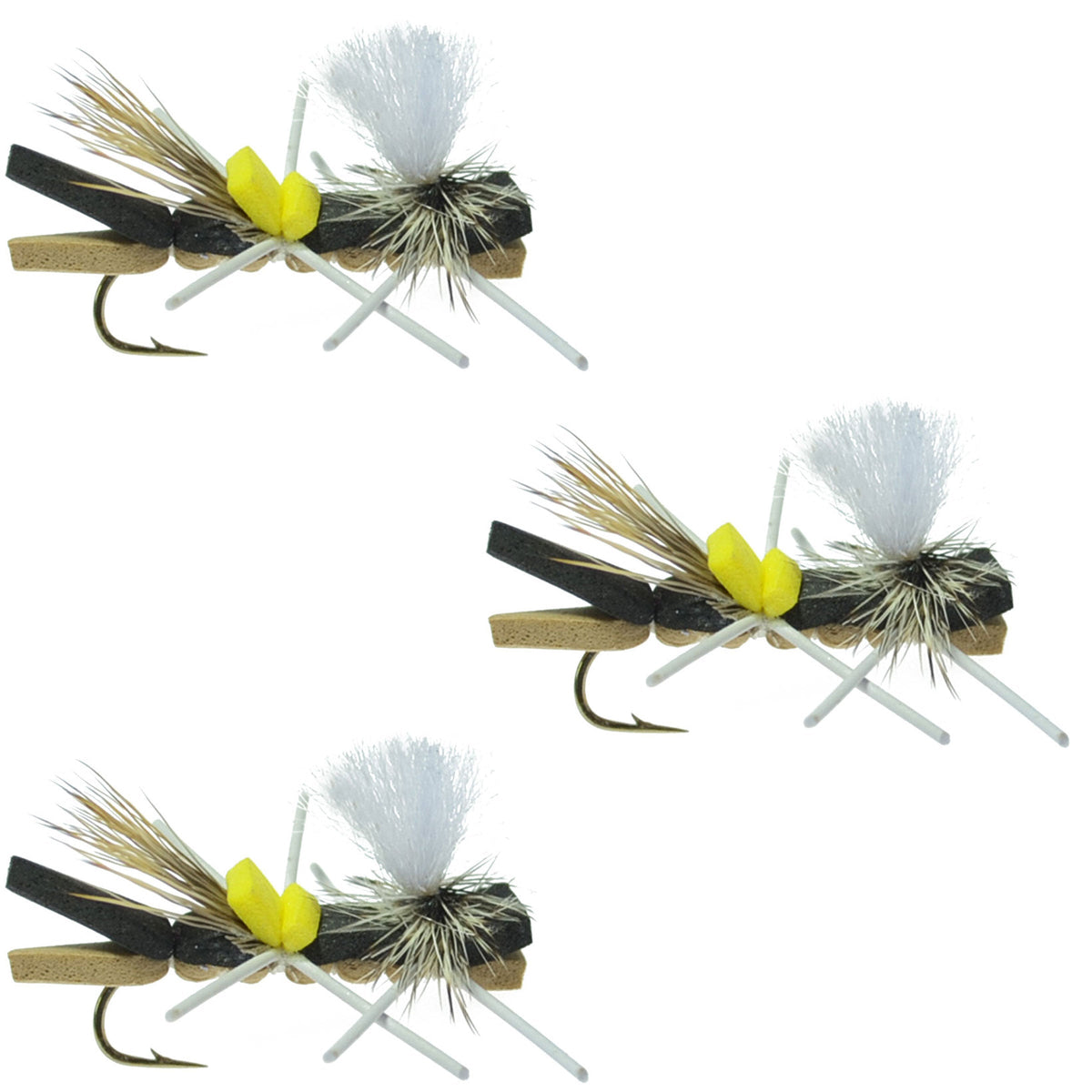 Set of three black tan foam Chernobyl ant and grasshopper dry flies for trout fishing, size 10 hooks, by The Fly Fishing Place.