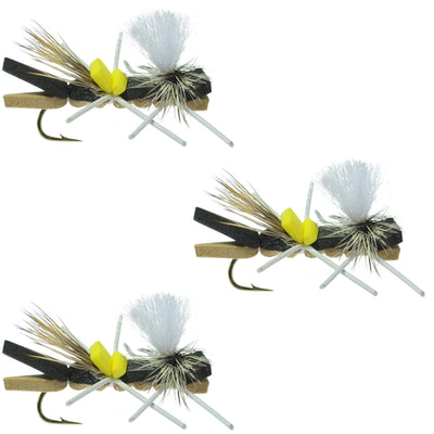 Set of three black tan foam Chernobyl ant and grasshopper dry flies for trout fishing, size 10 hooks, by The Fly Fishing Place.