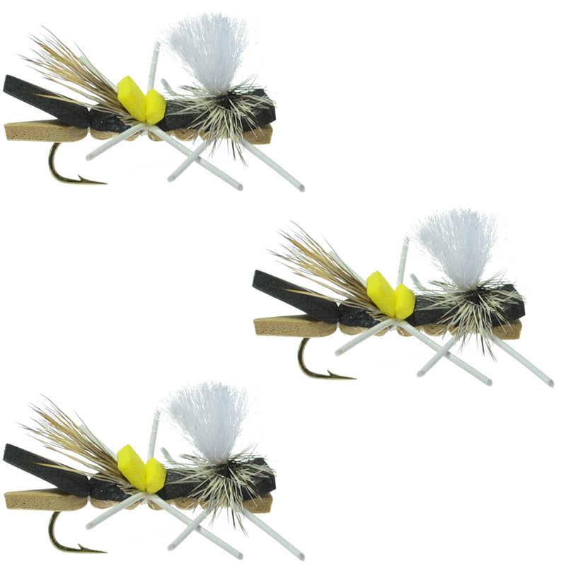 Set of three black tan foam Chernobyl ant and grasshopper dry flies for trout fishing, size 10 hooks, by The Fly Fishing Place.