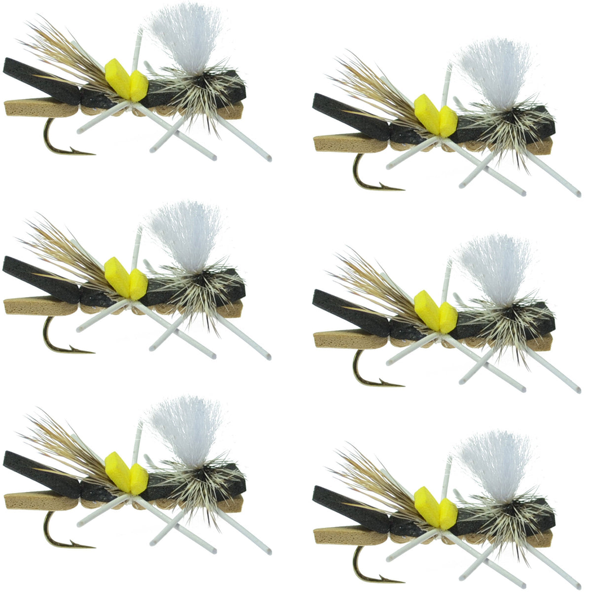 Set of six black and tan foam Chernobyl Ant dry flies for trout fishing, featuring grasshopper fly design with size 10 hooks.