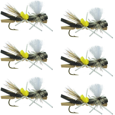 Set of six black and tan foam Chernobyl Ant dry flies for trout fishing, featuring grasshopper fly design with size 10 hooks.