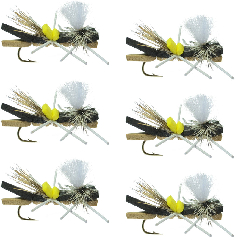 Set of six black and tan foam Chernobyl Ant dry flies for trout fishing, featuring grasshopper fly design with size 10 hooks.
