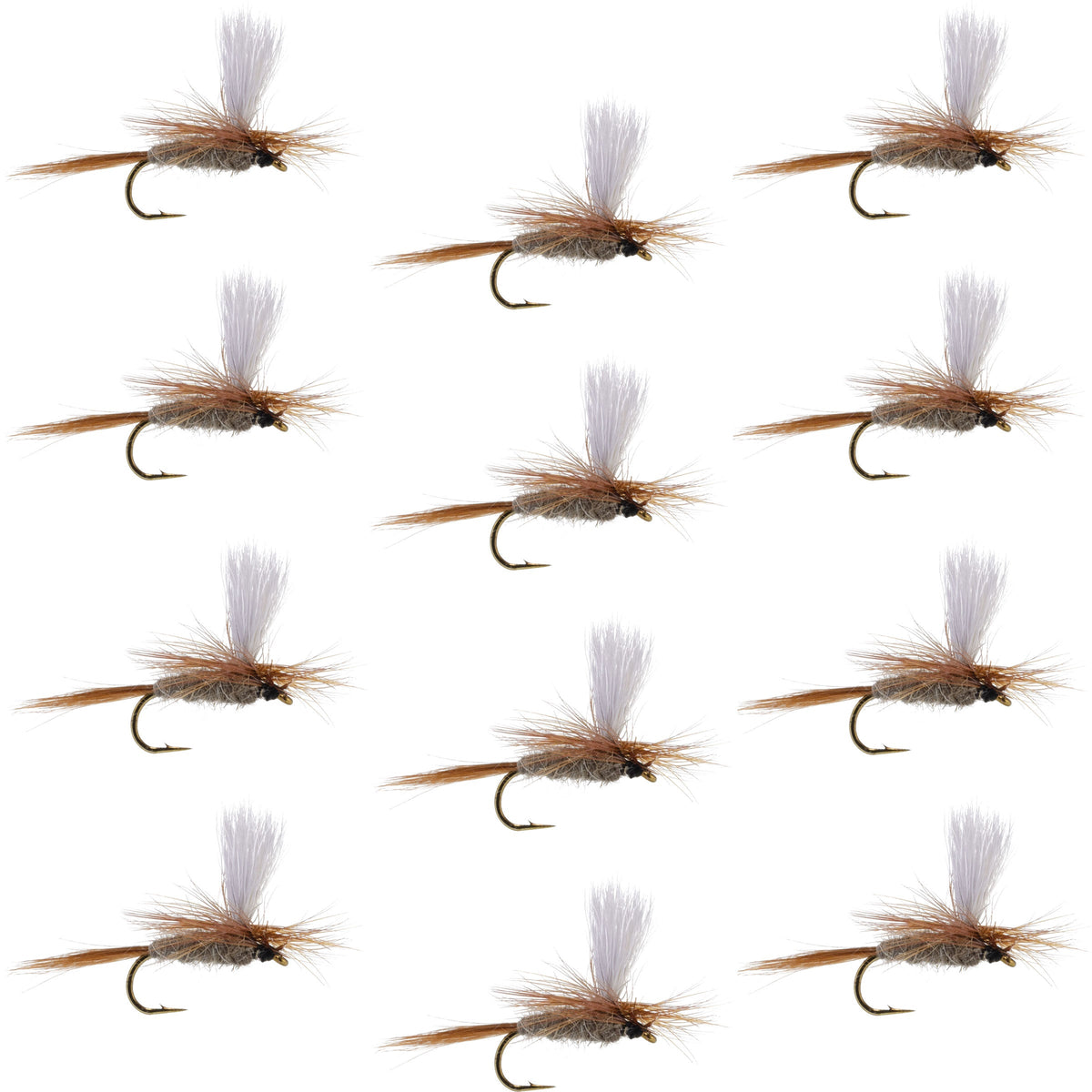 Set of 12 Hares Ear Parachute Dry Flies for trout fishing, size 18, by The Fly Fishing Place, featuring realistic dry fly hooks.