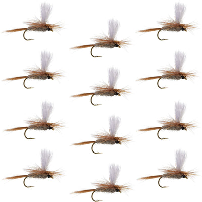 Set of 12 Hares Ear Parachute Dry Flies for trout fishing, size 14 hooks, classic fly pattern for fly fishing enthusiasts.