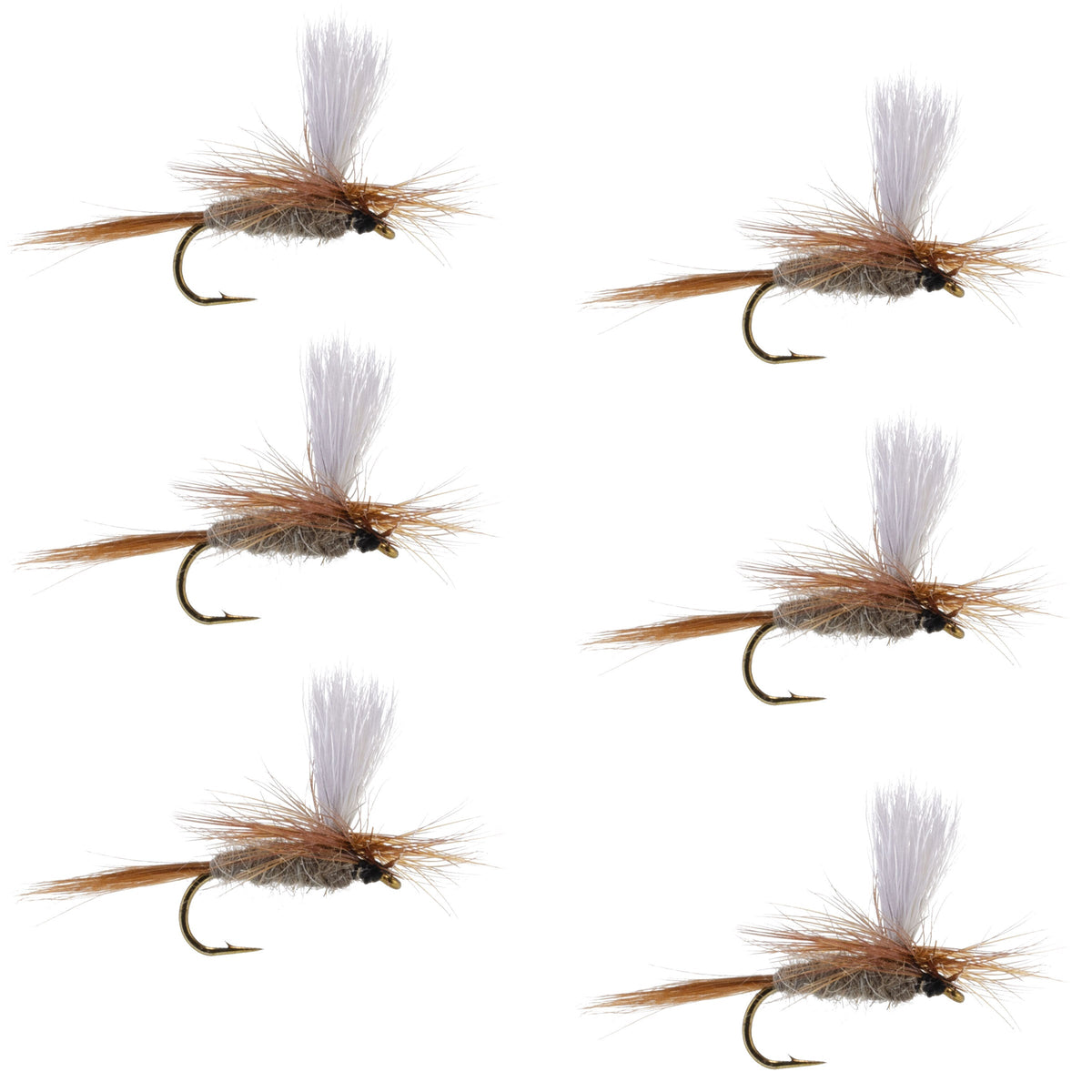 Set of six Hares Ear Parachute Dry Flies for trout fishing, size 14, by The Fly Fishing Place, with parachute-style wings and hooks.