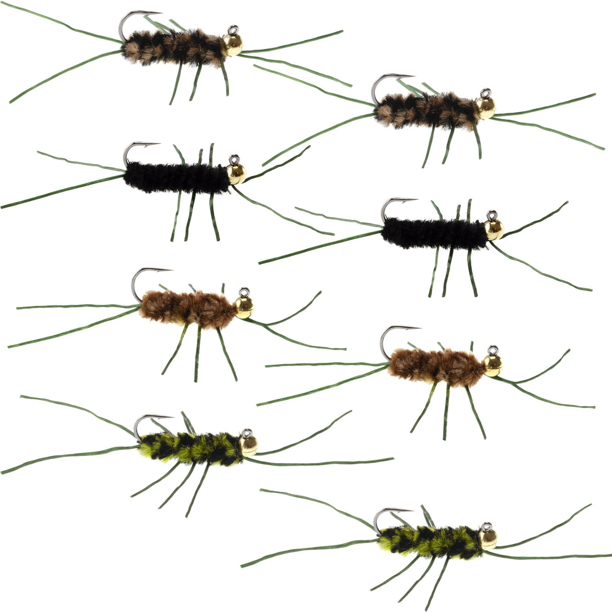Assorted Pat's Rubber Legs Euro Nymph flies with tungsten beads, hook size 10, for trout wet fly fishing, set of 8.