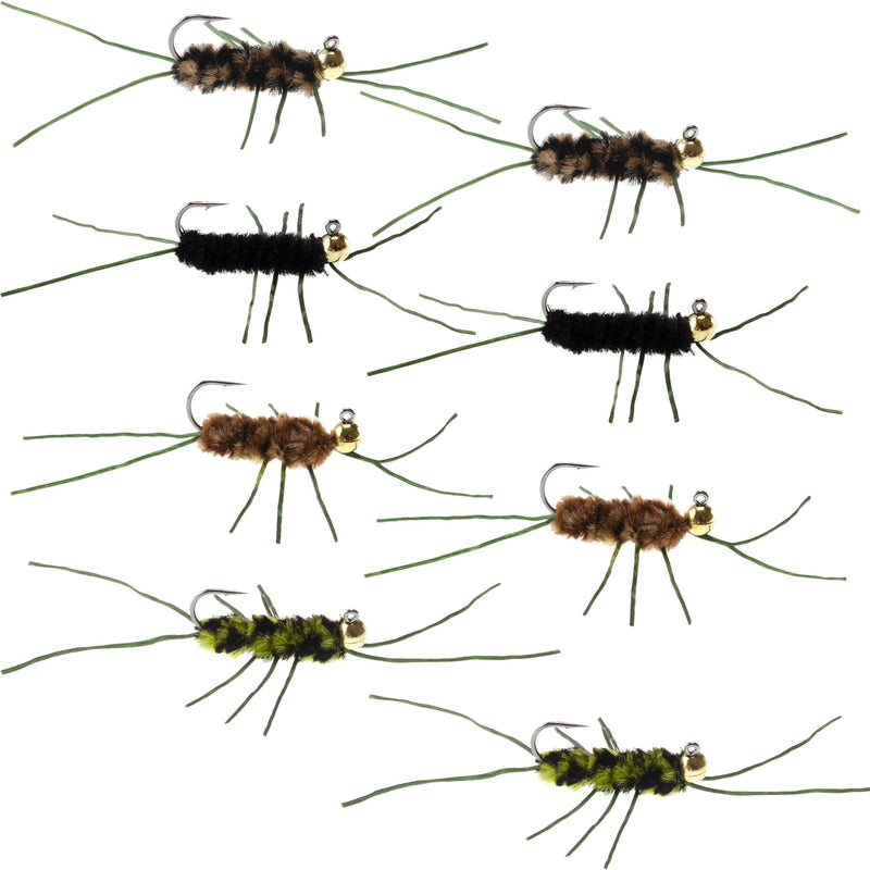 Assorted Pat's Rubber Legs Euro Nymph flies with tungsten beads, hook size 10, for trout wet fly fishing, set of 8.