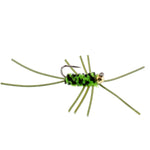 Set of 6 Barbless Pat's Rubber Legs Tungsten Bead Euro Nymph Trout Wet Flies in black and chartreuse, size 10 hooks.