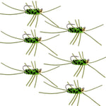 Set of 6 black and chartreuse Tungsten bead trout wet flies with rubber legs, perfect for Euro nymph fly fishing.