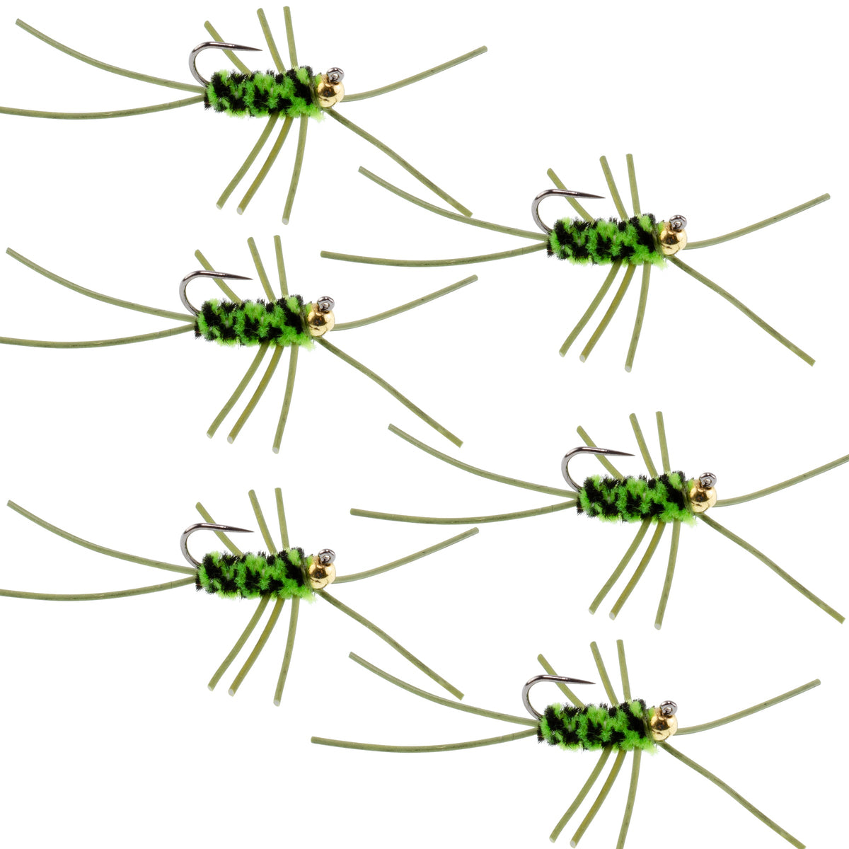 Set of 6 black and chartreuse Tungsten bead trout wet flies with rubber legs, perfect for Euro nymph fly fishing.