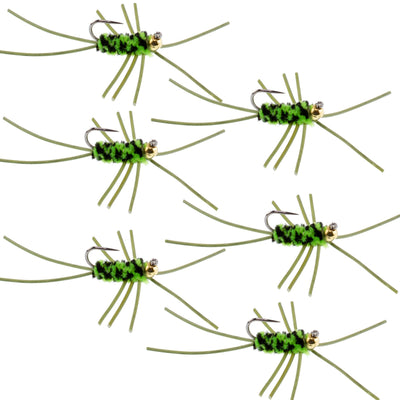 Set of 6 black and chartreuse Tungsten bead trout wet flies with rubber legs, perfect for Euro nymph fly fishing.