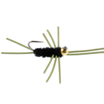 Set of 12 black tungsten bead trout wet flies with rubber legs, Euro nymph style, by The Fly Fishing Place for fly fishing.