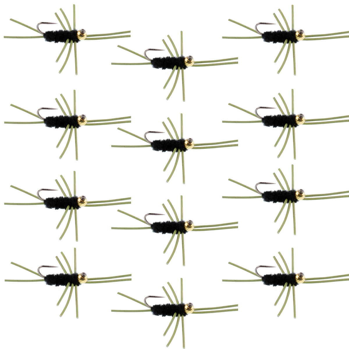 Set of 12 black tungsten bead trout wet flies with rubber legs, size 10, for fly fishing, by The Fly Fishing Place.