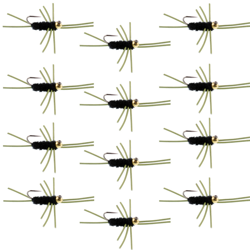 Set of 12 black tungsten bead trout wet flies with rubber legs, size 10, for fly fishing, by The Fly Fishing Place.