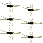 Set of 6 black tungsten bead trout wet nymph flies with rubber legs, size 10 hooks, by The Fly Fishing Place.