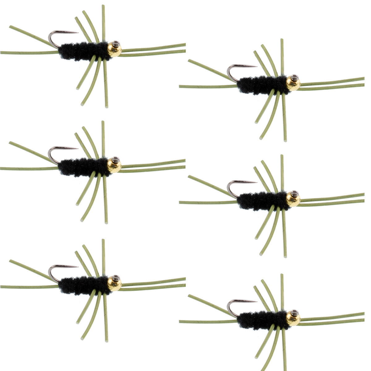 Set of 6 black tungsten bead trout wet nymph flies with rubber legs, size 10 hooks, by The Fly Fishing Place.