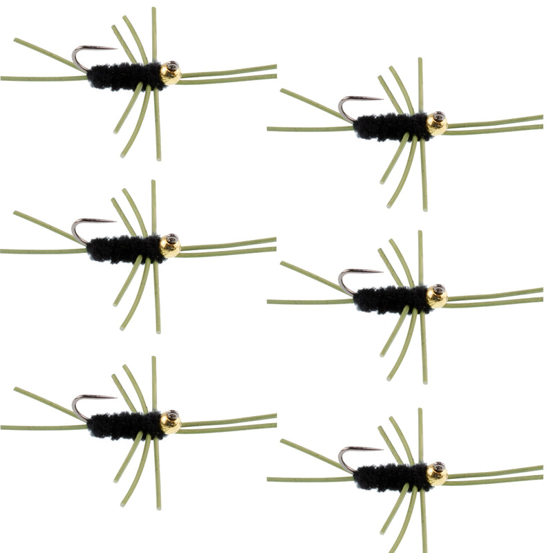 Set of 6 black tungsten bead trout wet nymph flies with rubber legs, size 10 hooks, by The Fly Fishing Place.
