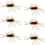 Set of 6 Pat's Rubber Legs Tungsten Bead Euro Nymph wet flies in brown, size 10, for trout fly fishing.