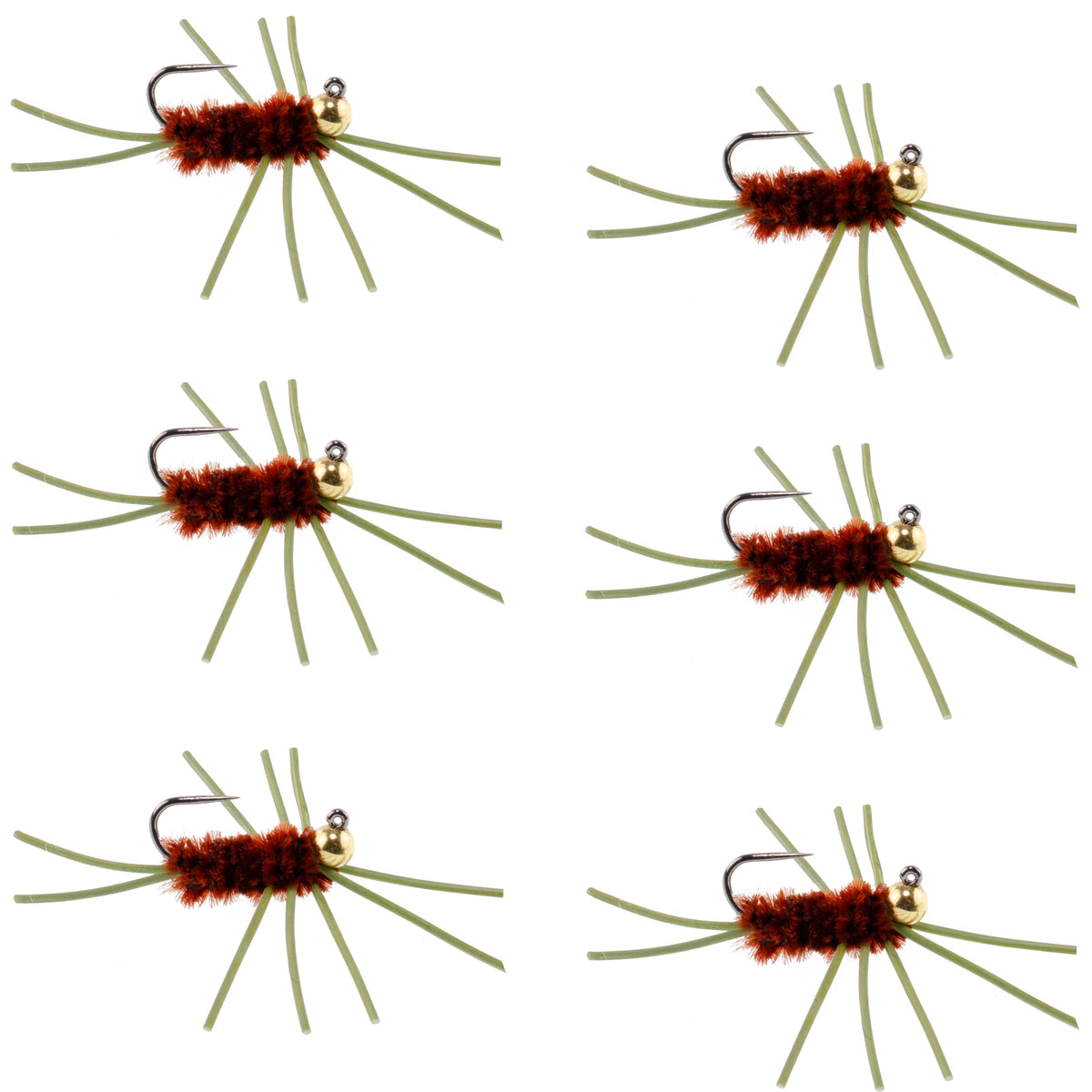 Set of 6 Pat's Rubber Legs Tungsten Bead Euro Nymph wet flies in brown, size 10, for trout fly fishing.