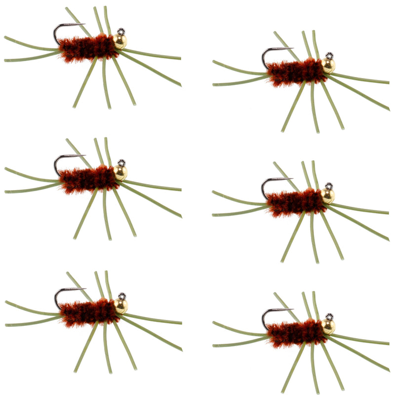 Set of 6 Pat's Rubber Legs Tungsten Bead Euro Nymph wet flies in brown, size 10, for trout fly fishing.