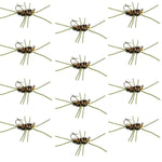 Set of 12 Barbless Pat's Rubber Legs Tungsten Bead Euro Nymph Flies in coffee and black for trout fishing, size 10.