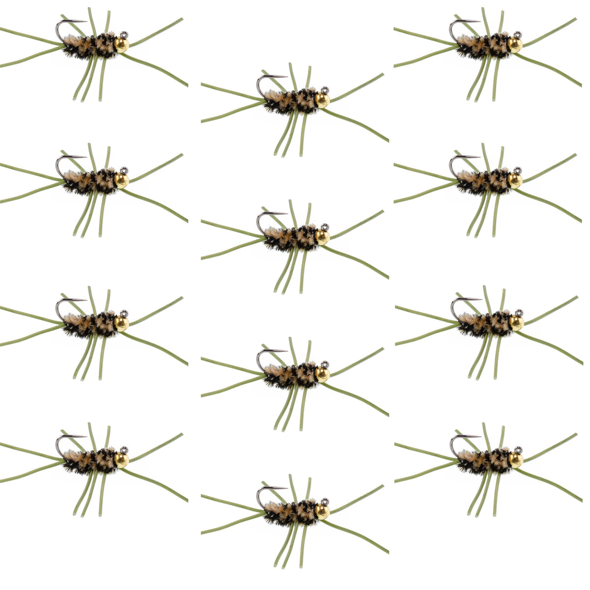 Set of 12 Barbless Pat's Rubber Legs Tungsten Bead Euro Nymph Flies in coffee and black for trout fishing, size 10.