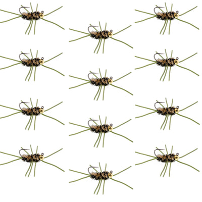 Set of 12 Barbless Pat's Rubber Legs Tungsten Bead Euro Nymph Flies in coffee and black for trout fishing, size 10.