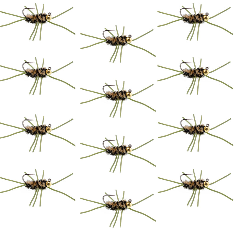 Set of 12 Barbless Pat's Rubber Legs Tungsten Bead Euro Nymph Flies in coffee and black for trout fishing, size 10.