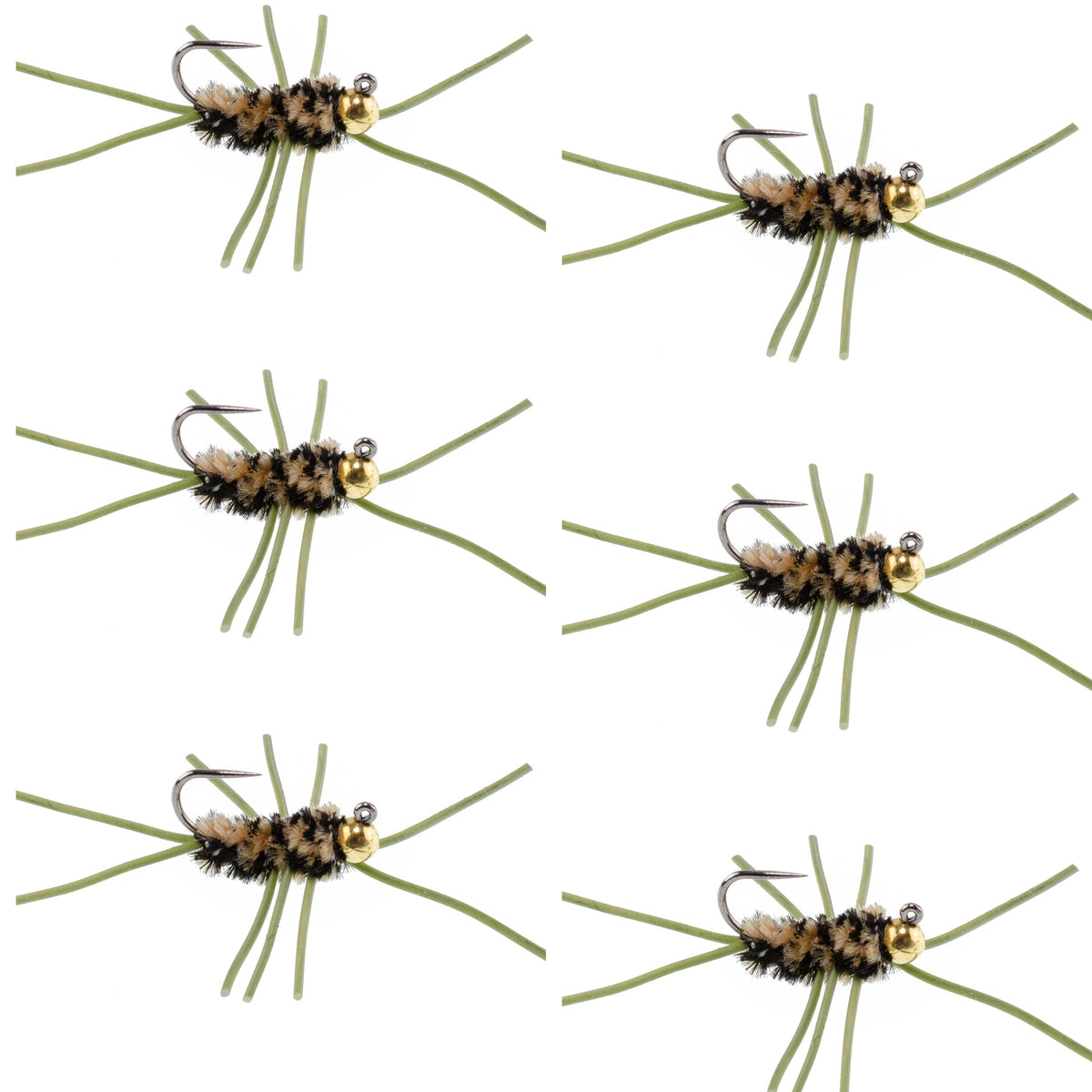 Set of 6 Pat's Rubber Legs Tungsten Bead Euro Nymph Trout Wet Flies in coffee and black, hook size 10 for fly fishing.