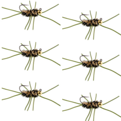 Set of 6 Pat's Rubber Legs Tungsten Bead Euro Nymph Trout Wet Flies in coffee and black, hook size 10 for fly fishing.