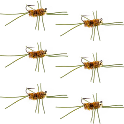 Barbless Pat's Rubber Legs Tungsten Bead Jigged Coffee/Tan Euro Nymph  - Set of 6 Flies Hook Size 10
