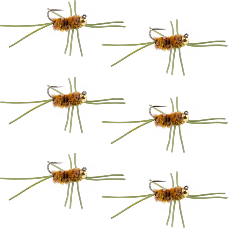 Barbless Pat's Rubber Legs Tungsten Bead Jigged Coffee/Tan Euro Nymph  - Set of 6 Flies Hook Size 10