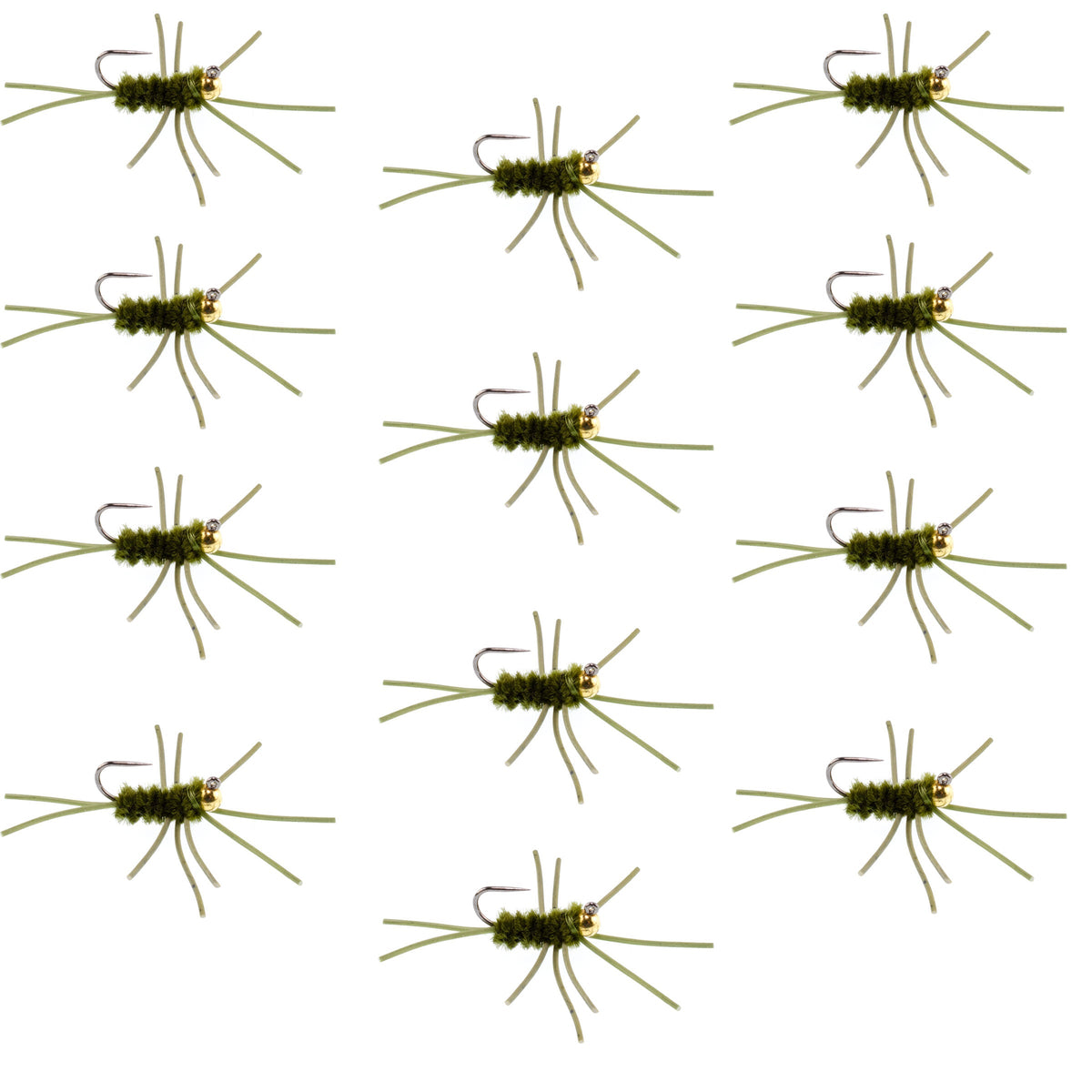 Set of 12 Pat's Rubber Legs tungsten nymph flies in dark olive for trout fishing, size 10, from The Fly Fishing Place.