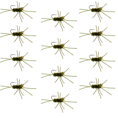 Set of 12 Pat's Rubber Legs tungsten nymph flies in dark olive for trout fishing, size 10, from The Fly Fishing Place.