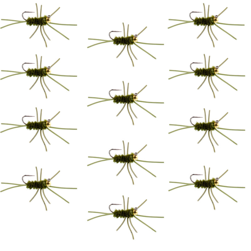 Set of 12 Pat's Rubber Legs tungsten nymph flies in dark olive for trout fishing, size 10, from The Fly Fishing Place.