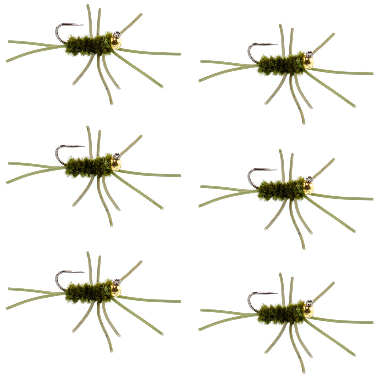 Set of 6 Barbless Pat's Rubber Legs Tungsten Bead Euro Nymph Flies in dark olive, designed for trout fishing, size 10 hooks.