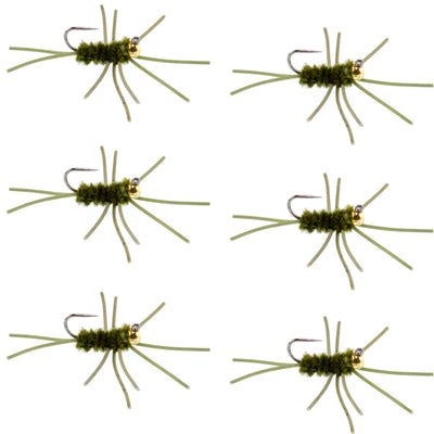 Set of 6 Barbless Pat's Rubber Legs Tungsten Bead Euro Nymph Flies in dark olive, designed for trout fishing, size 10 hooks.