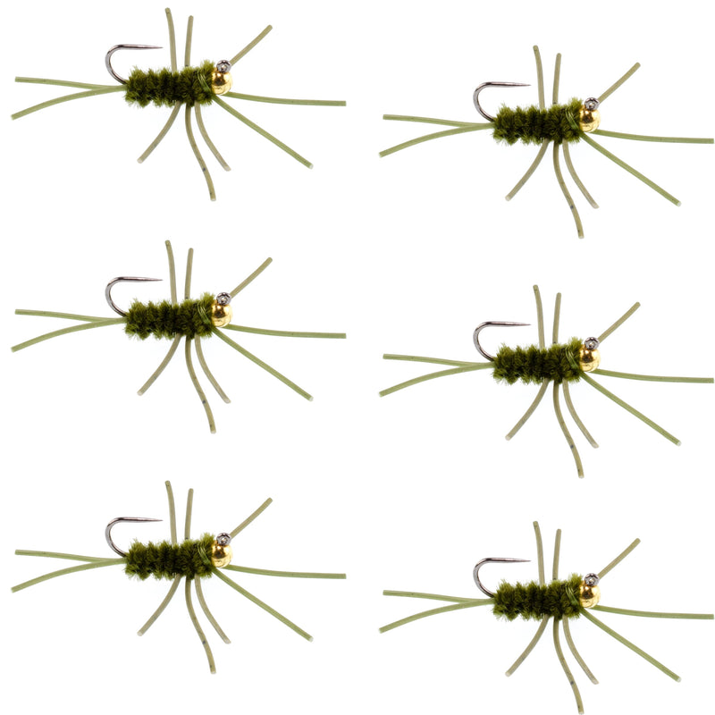 Set of 6 Barbless Pat's Rubber Legs Tungsten Bead Euro Nymph Flies in dark olive, designed for trout fishing, size 10 hooks.