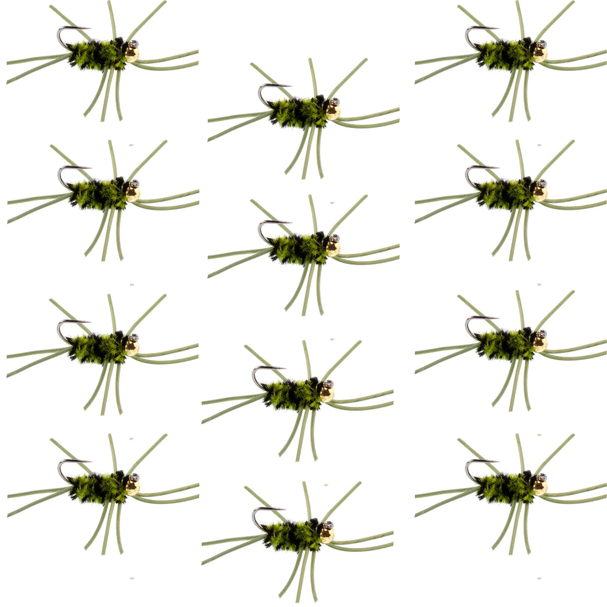 Set of 12 Pat's Rubber Legs Tungsten Nymph Flies in black and olive for trout fishing, size 10, by The Fly Fishing Place.