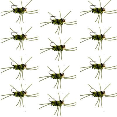 Set of 12 Pat's Rubber Legs Tungsten Nymph Flies in black and olive for trout fishing, size 10, by The Fly Fishing Place.