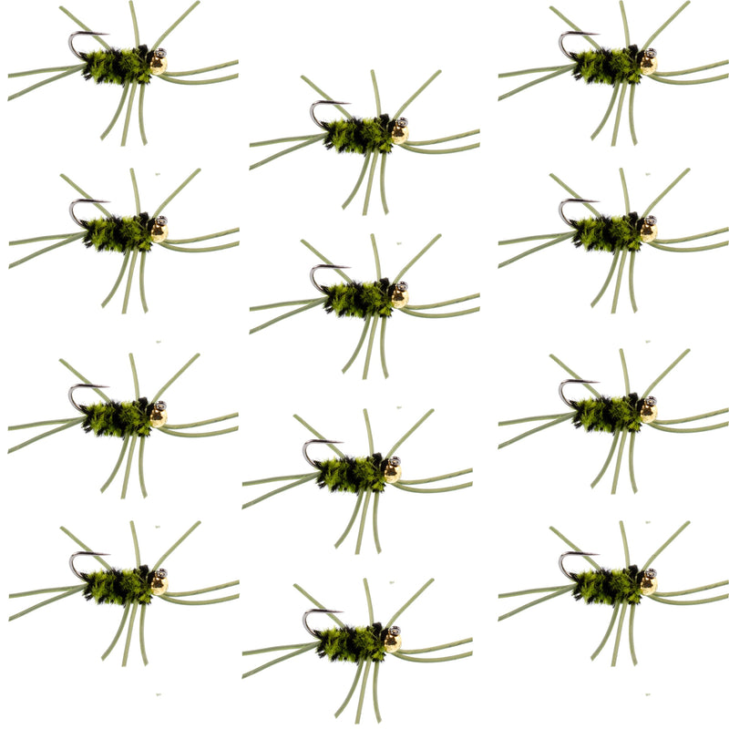 Set of 12 Pat's Rubber Legs Tungsten Nymph Flies in black and olive for trout fishing, size 10, by The Fly Fishing Place.
