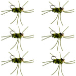 Set of 6 olive and black Barbless Pat's Rubber Legs tungsten bead nymph trout wet flies, size 10 for fly fishing.