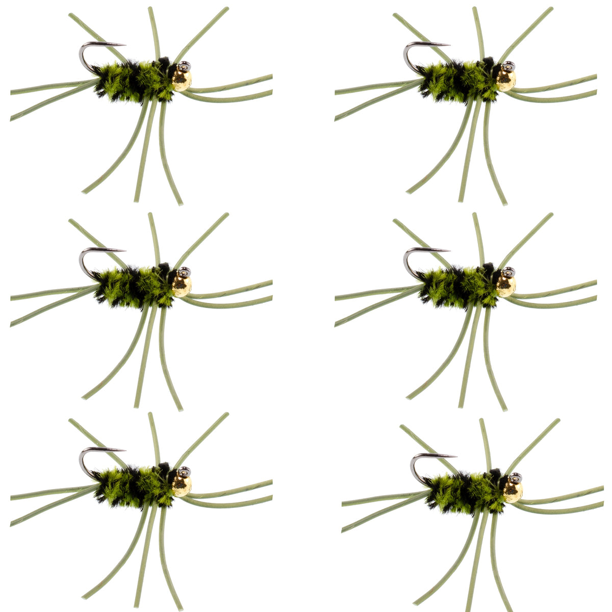 Set of 6 olive and black Barbless Pat's Rubber Legs tungsten bead nymph trout wet flies, size 10 for fly fishing.