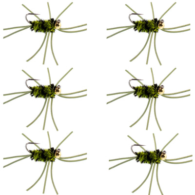 Set of 6 olive and black Barbless Pat's Rubber Legs tungsten bead nymph trout wet flies, size 10 for fly fishing.