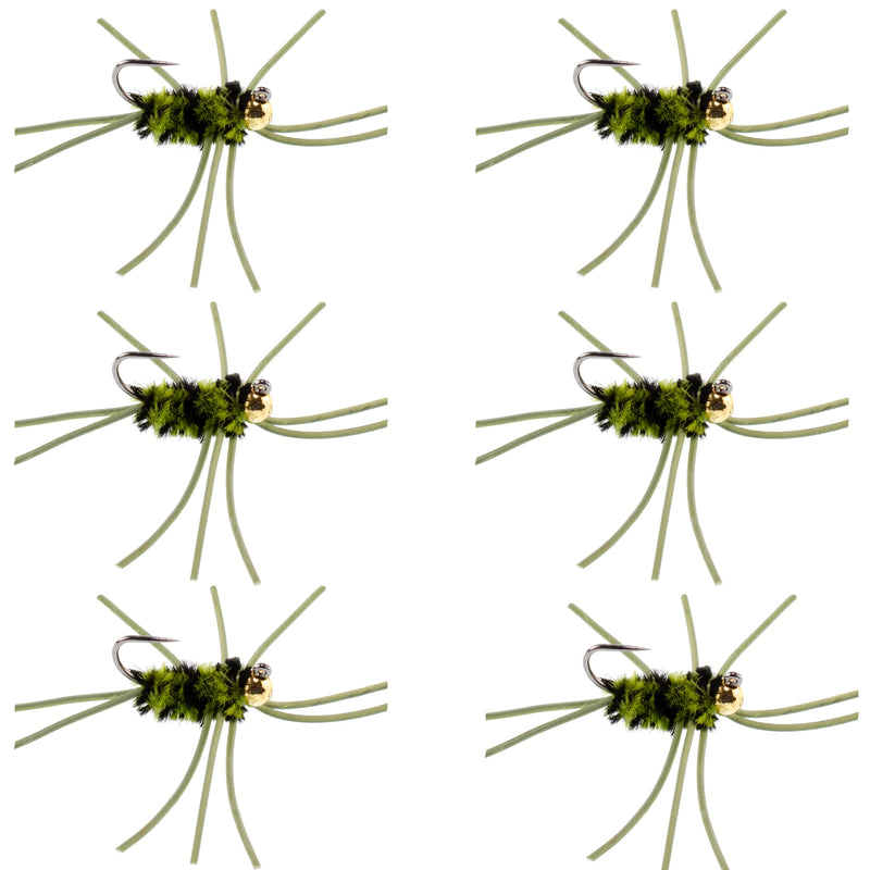 Set of 6 olive and black Barbless Pat's Rubber Legs tungsten bead nymph trout wet flies, size 10 for fly fishing.