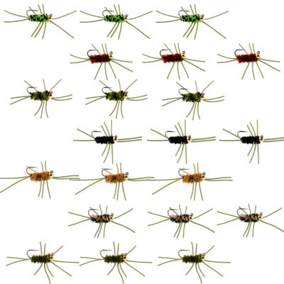 Set of 21 tungsten bead jigged Pat's Rubber Legs trout wet flies in 7 colors for fly fishing, size 10 hooks, by The Fly Fishing Place.